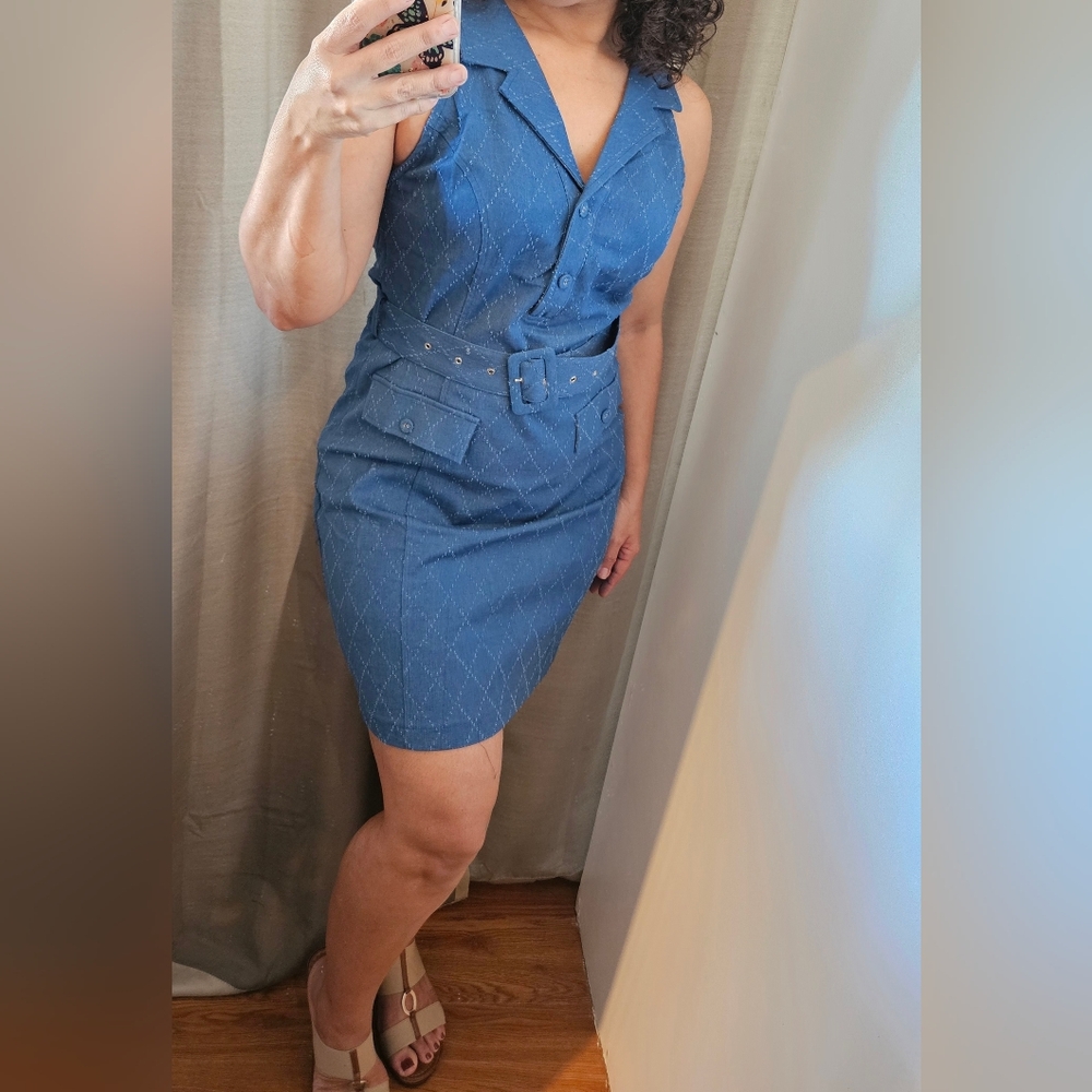 Blue Sleeveless Belted Dress